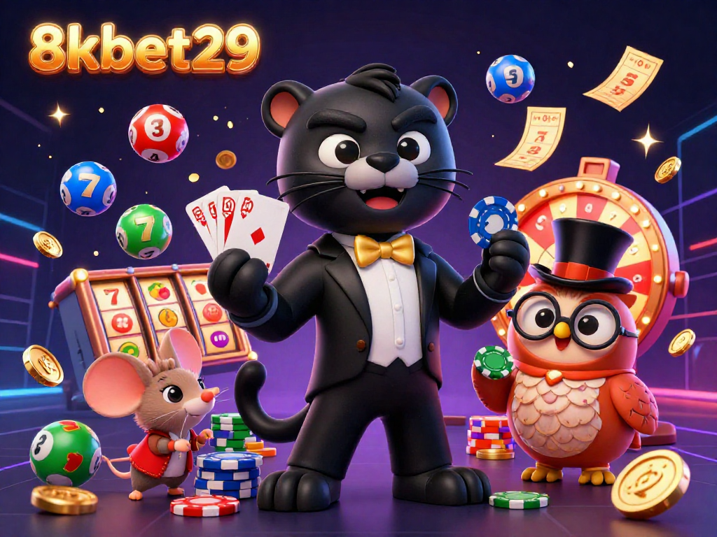 Experience the thrilling world of casino gaming with 8kbet29 and chic characters engaging in card games.