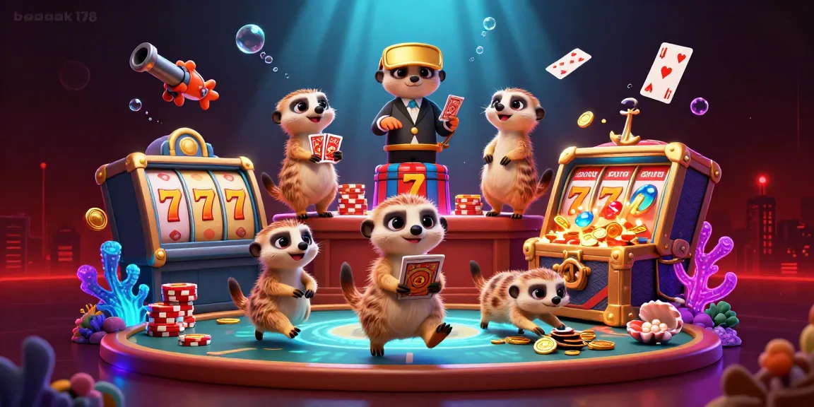 Experience exciting wins with badak178 in a vibrant cartoon casino scene featuring meerkats and thrilling games.