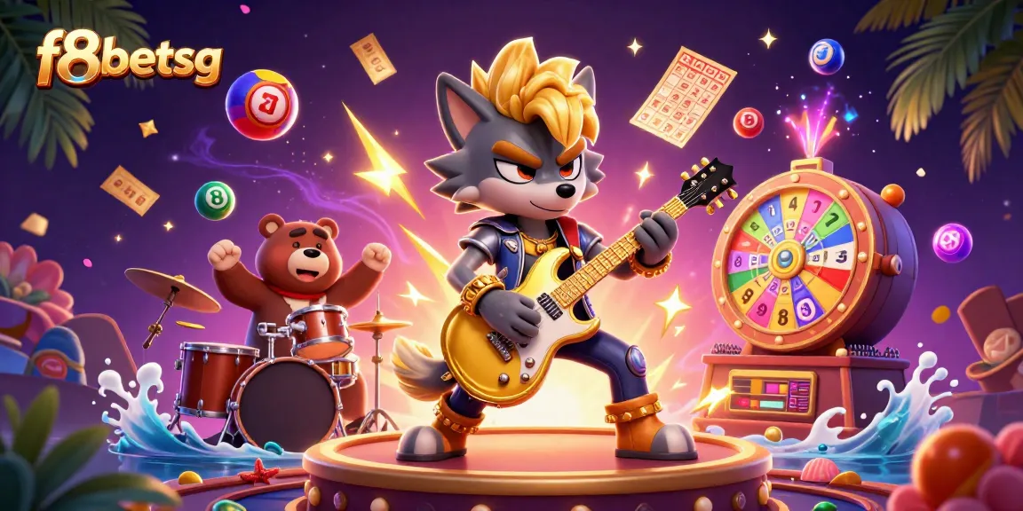 Experience f8betsg excitement with a rock star wolf and drummer bear on a vibrant casino stage.