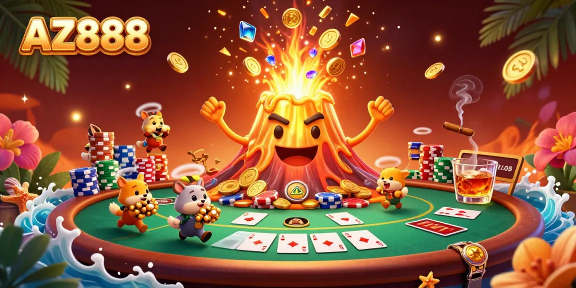 Engage with AZ888's thrilling casino adventures featuring gold volcano eruptions and poker treasures.