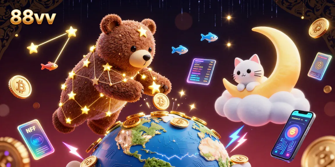 Engage with vibrant 88vv gaming action featuring a constellation bear, cryptocurrencies, and energetic visuals.