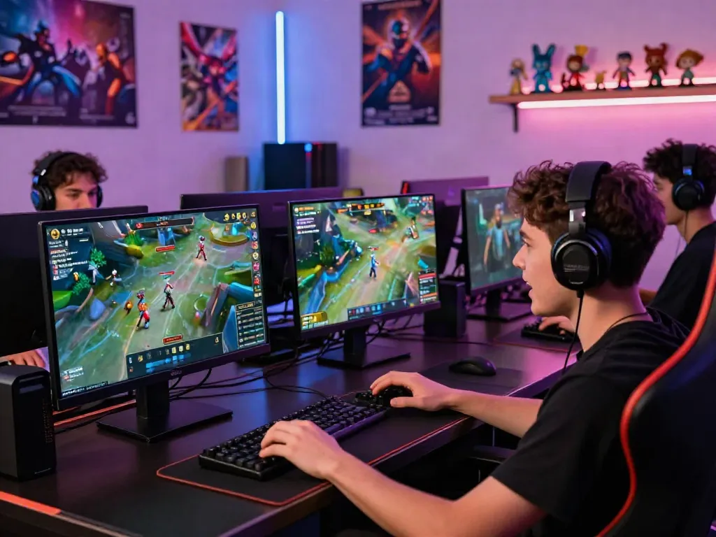 A dynamic gaming scene showcasing a diverse group enjoying the rokok88 link in an energetic online multiplayer environment.