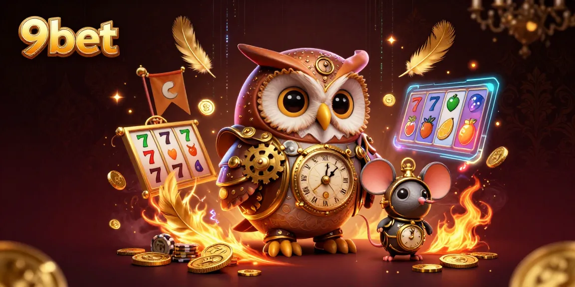 Engage with thrilling 9bet gameplay featuring steampunk owl and animated slot reels.