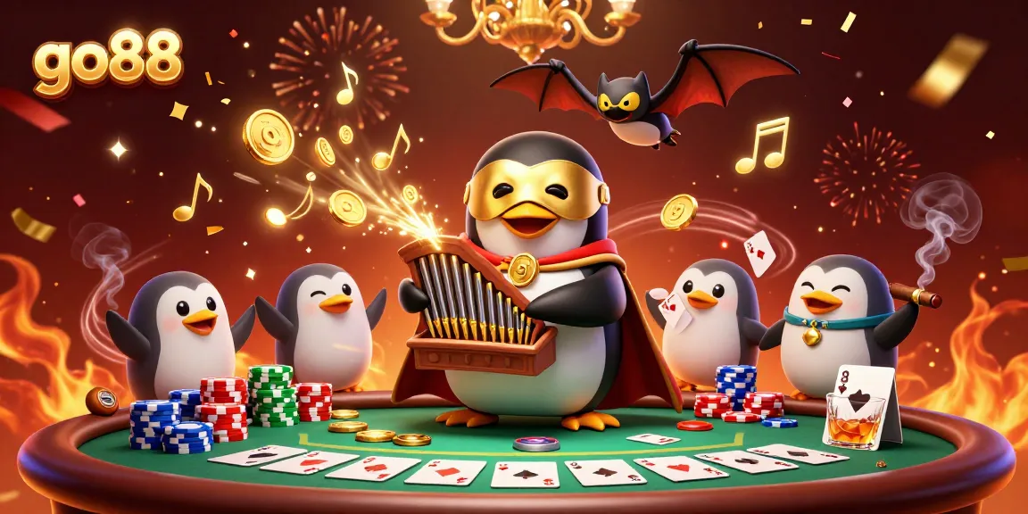 Experience the excitement of go88 as a cartoon penguin plays organ shooting coins, surrounded by poker elements.
