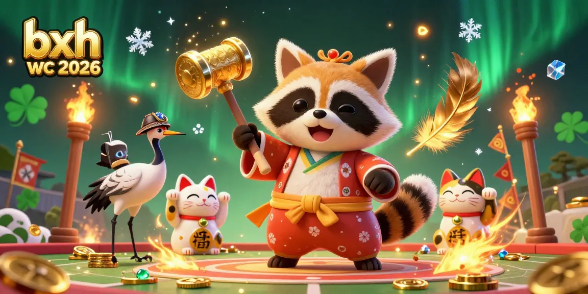 Engage in sports betting with bxh wc 2026-themed 3D illustration featuring lucky tanuki and vibrant visuals.