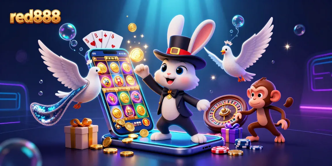 Engage with red888's exciting casino scene featuring a magician and a monkey in action.