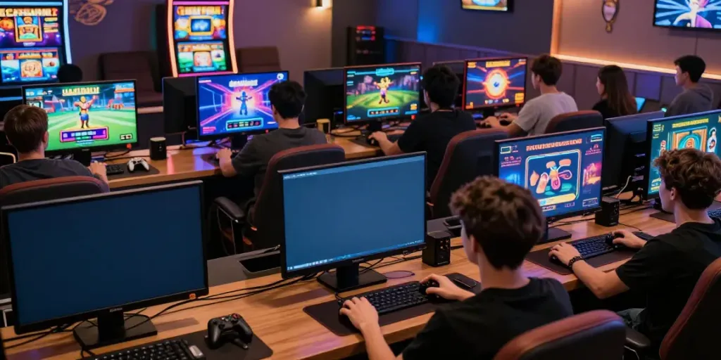 EE88 online gaming scene with diverse players engaged in various games in a vibrant, energetic atmosphere.
