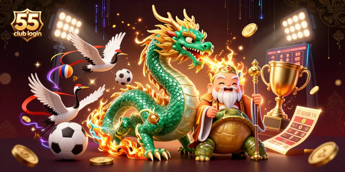 Experience the excitement of 55 club login with a dynamic scene featuring mythical characters and sports elements.