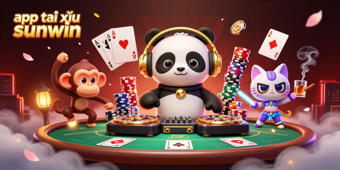 Engage in the app tài xỉu sunwin action featuring vibrant casino elements, DJ panda, and colorful characters.