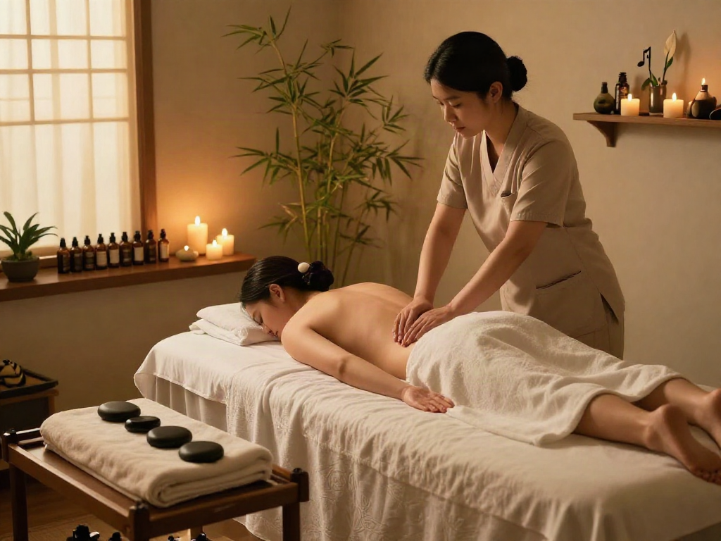 Relaxing 동탄출장마사지 therapy scene with essential oils and soft lighting.