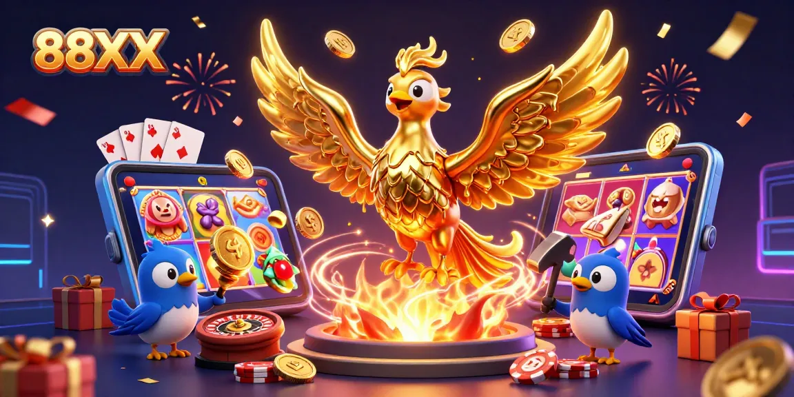 Experience thrilling casino action with 88XX, featuring a fiery phoenix and vibrant slot gameplay.