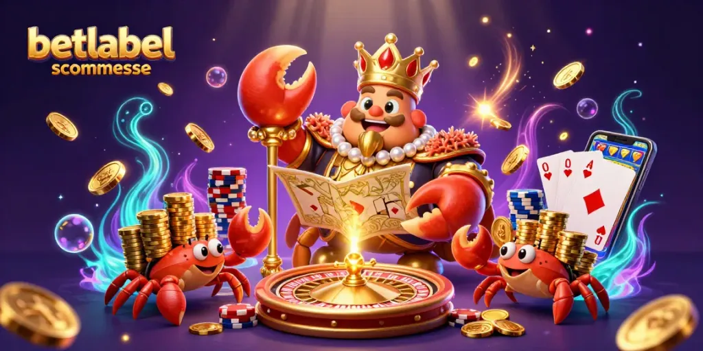 Betlabel scommesse showcases a golden crab emperor amidst vibrant casino elements, unlocking gaming excitement.