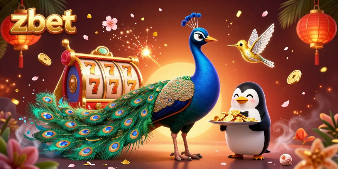 Zbet's vibrant 3D illustration showcases a peacock and butler penguin amidst casino symbols and confetti.