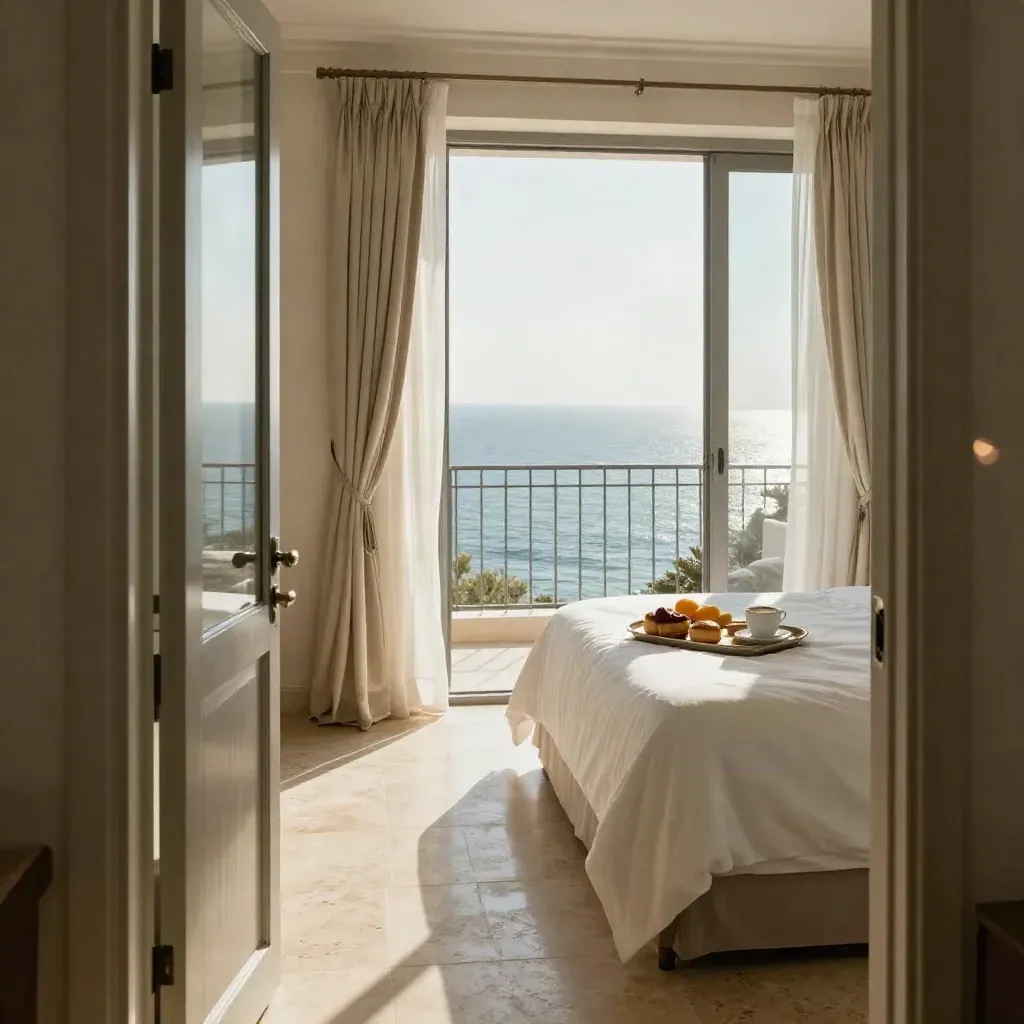 Camera doppia vista mare con balcone aperto, letto rifatto e colazione in ceramica alla luce del mattino.