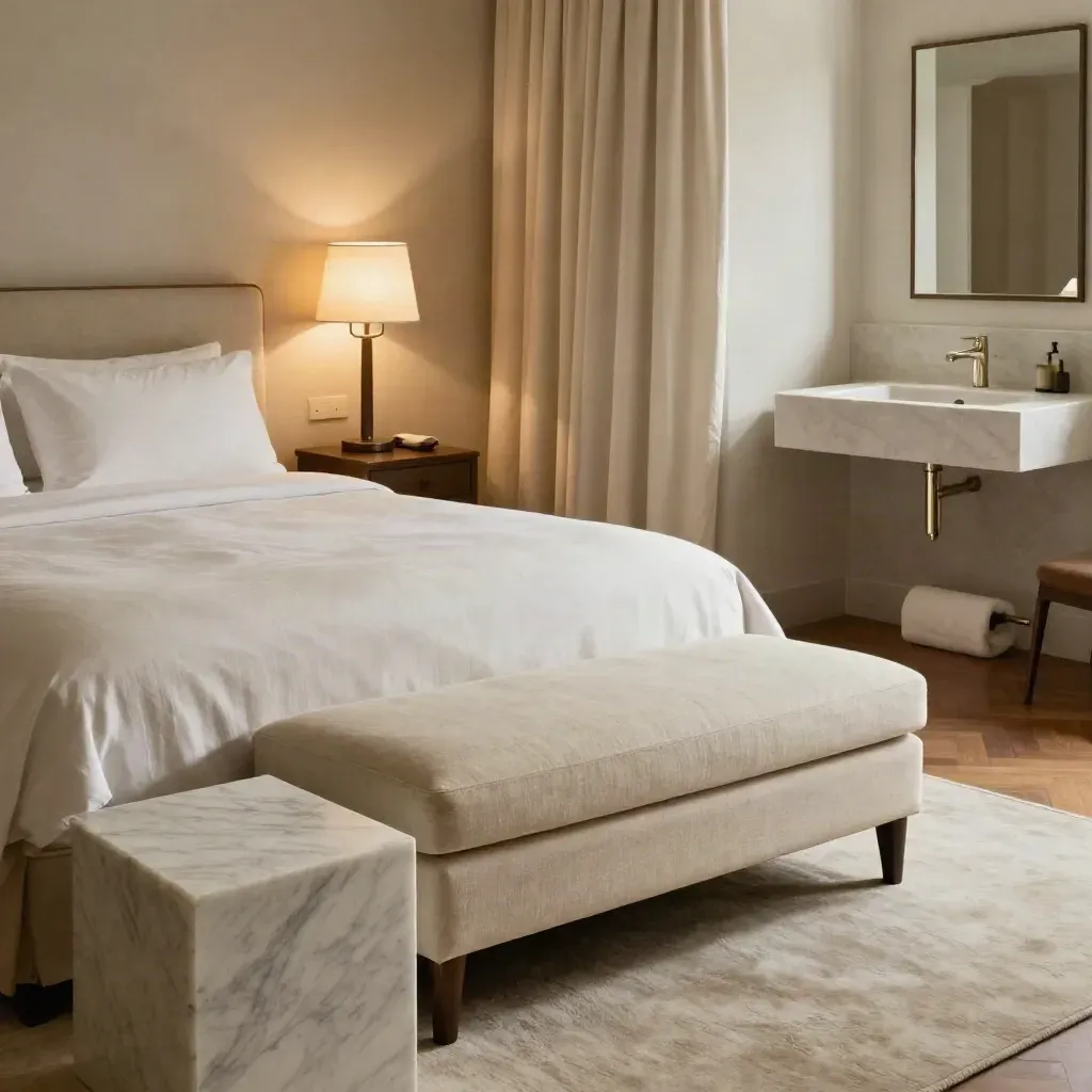 Suite romantica con letto king in lino avorio, chaise lounge, tavolino in marmo e bagno in pietra.