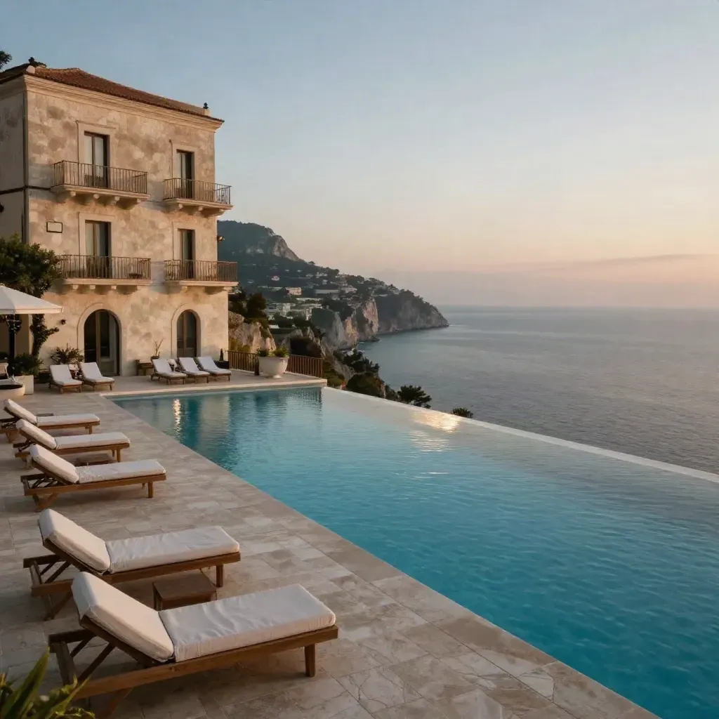 Resort in pietra chiara con piscina a sfioro e mare Ionio al tramonto