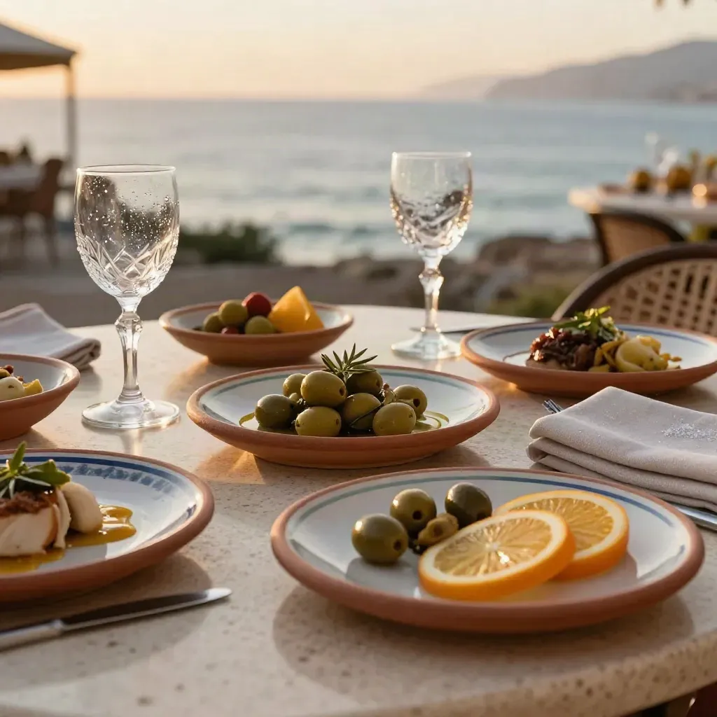 Piatti mediterranei e bicchieri sul terrazzo al tramonto con vista mare