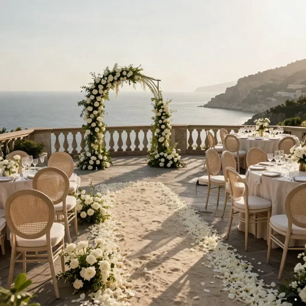 Allestimento nuziale vista mare con arco floreale, sedie avorio e corridoio di petali sulla terrazza.
