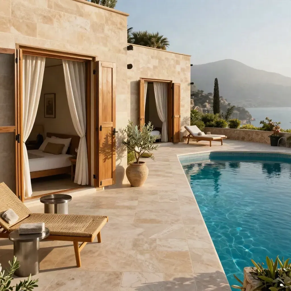 Due camere collegate da terrazza e piscina al tramonto, vuote e pronte per una famiglia.