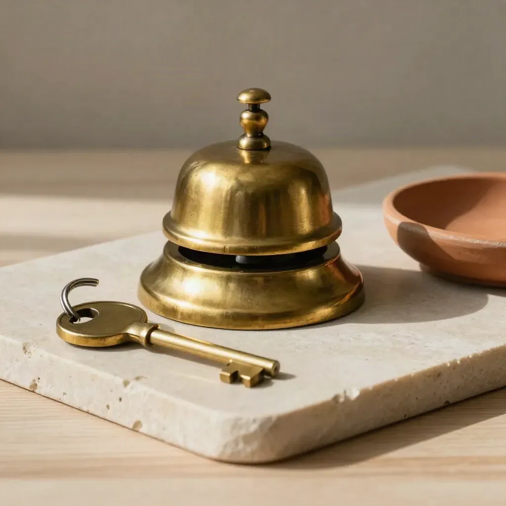 Campanello in ottone, chiave e vassoio in pietra su legno chiaro