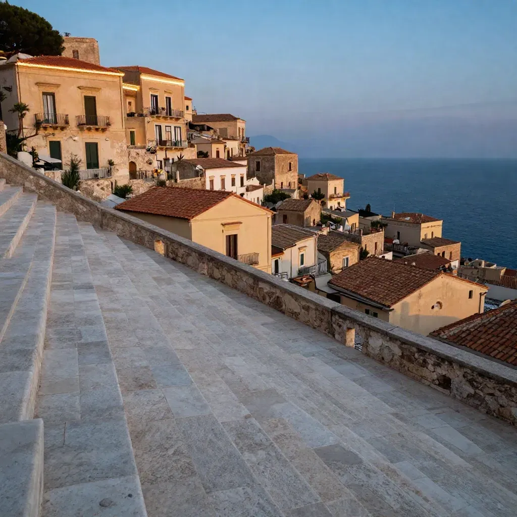 Taormina Centro all’ora blu con terrazze in pietra, tetti antichi e mare di Mazzarò lontano