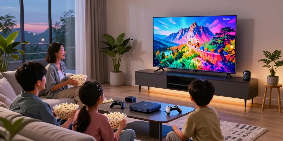 Family enjoying movie night around a Samsung Micro RGB TV with vibrant colors in a cozy living room.