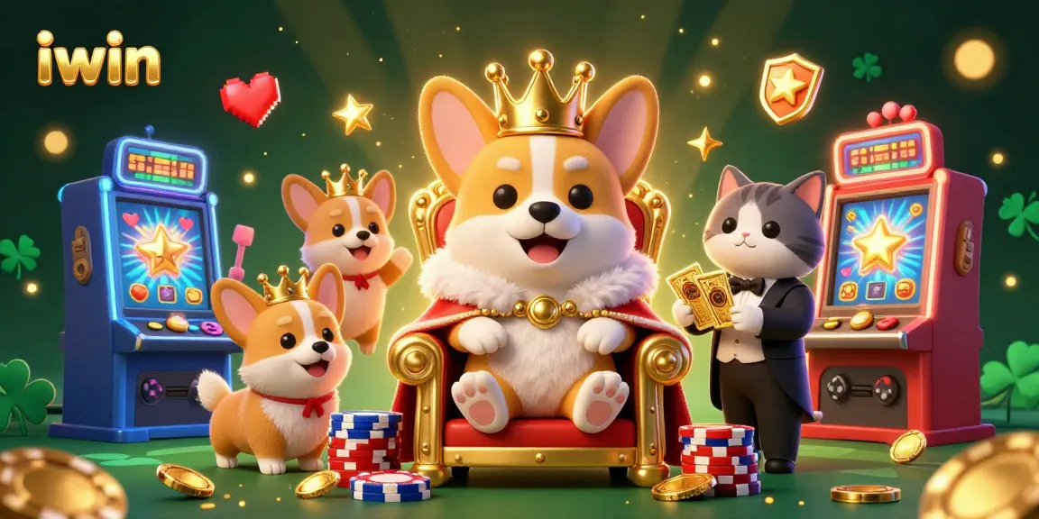 Experience winning at iwin with a 3D royal corgi and dynamic slot machines in a vibrant casino.