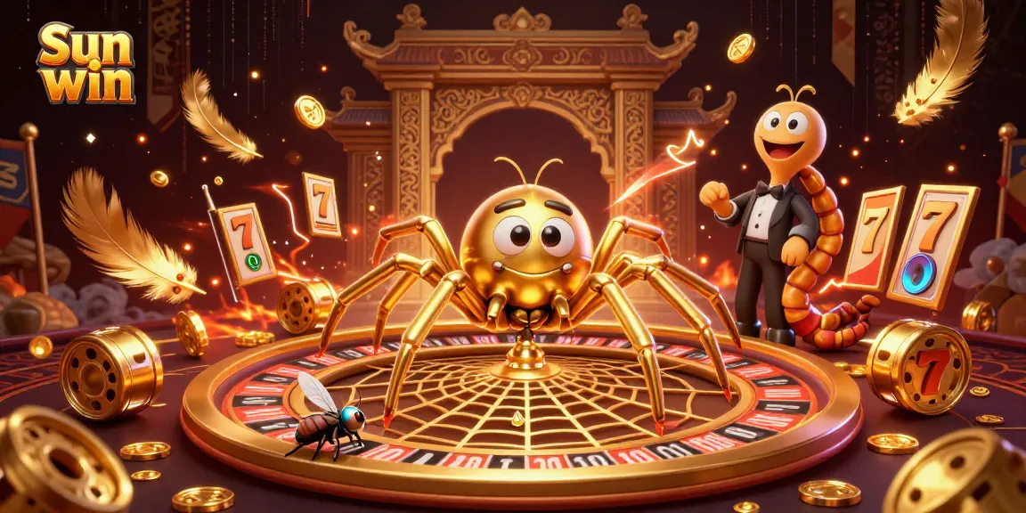 Sun win excitement unfolds as a cartoon spider spins a roulette wheel, making bets in a vibrant casino scene.
