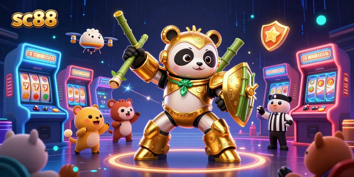 Engage in sc88 action with a golden panda robot battling in a thrilling animated casino arena.