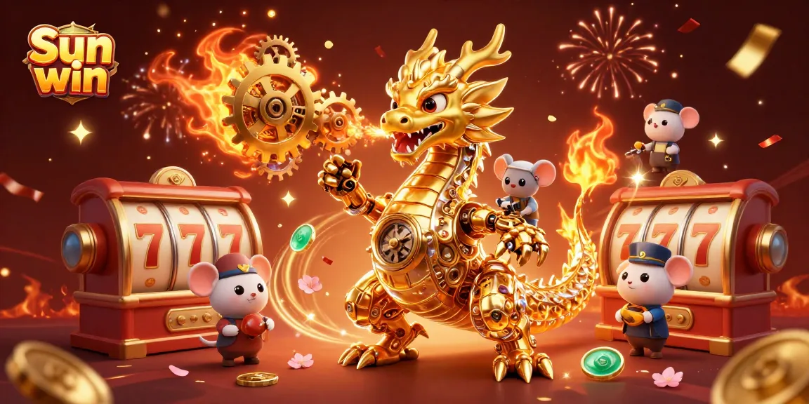 Engage in thrilling gameplay at Sun win with a biomechanical dragon and spinning slot reels.