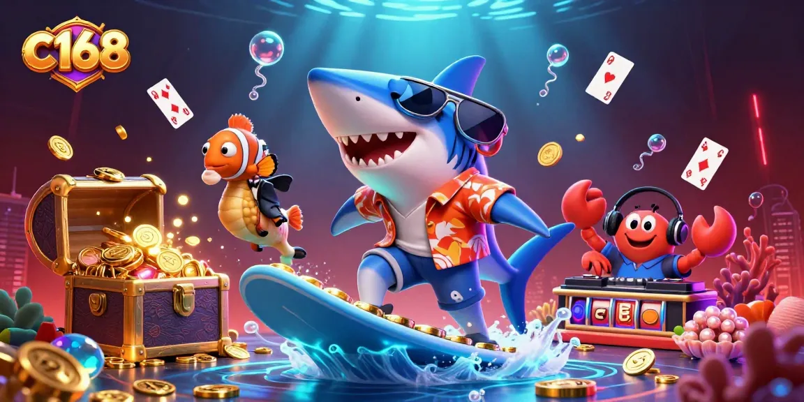 Experience thrilling wins at c168 with vibrant casino-themed underwater adventure illustration.