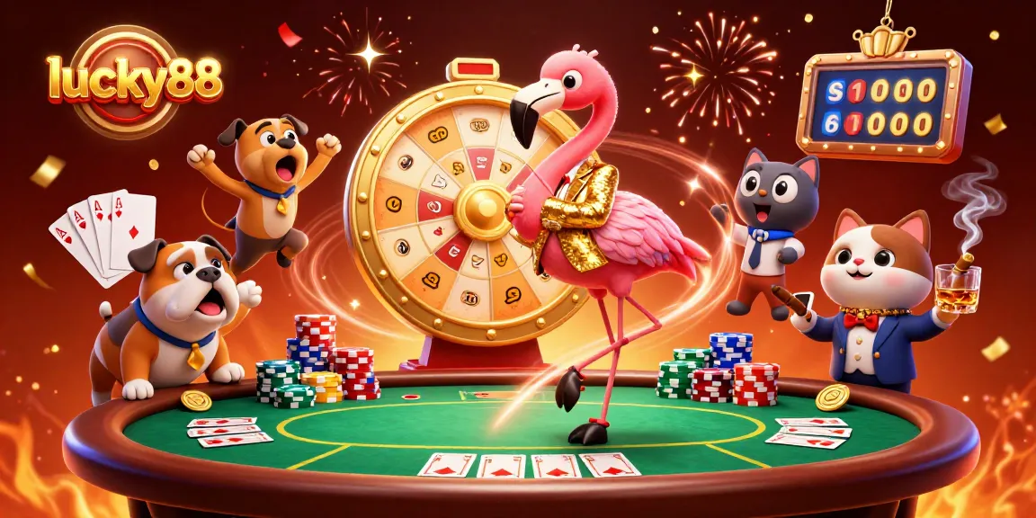 Engage with lucky88 in this vibrant 3D casino scene featuring a game show host, bulldog contestant, and colorful poker elements.