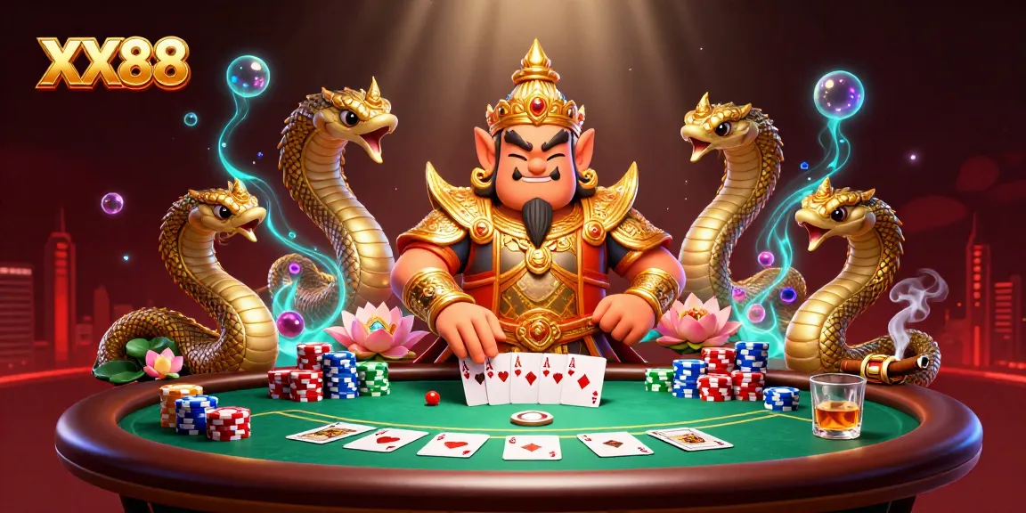 Win big at XX88 with immersive casino gaming involving friendly guardian characters and poker elements.