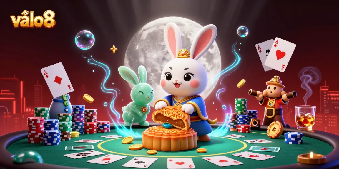 Experience excitement with a 3D moon rabbit revealing poker chips in a vibrant casino scene featuring về alo8.