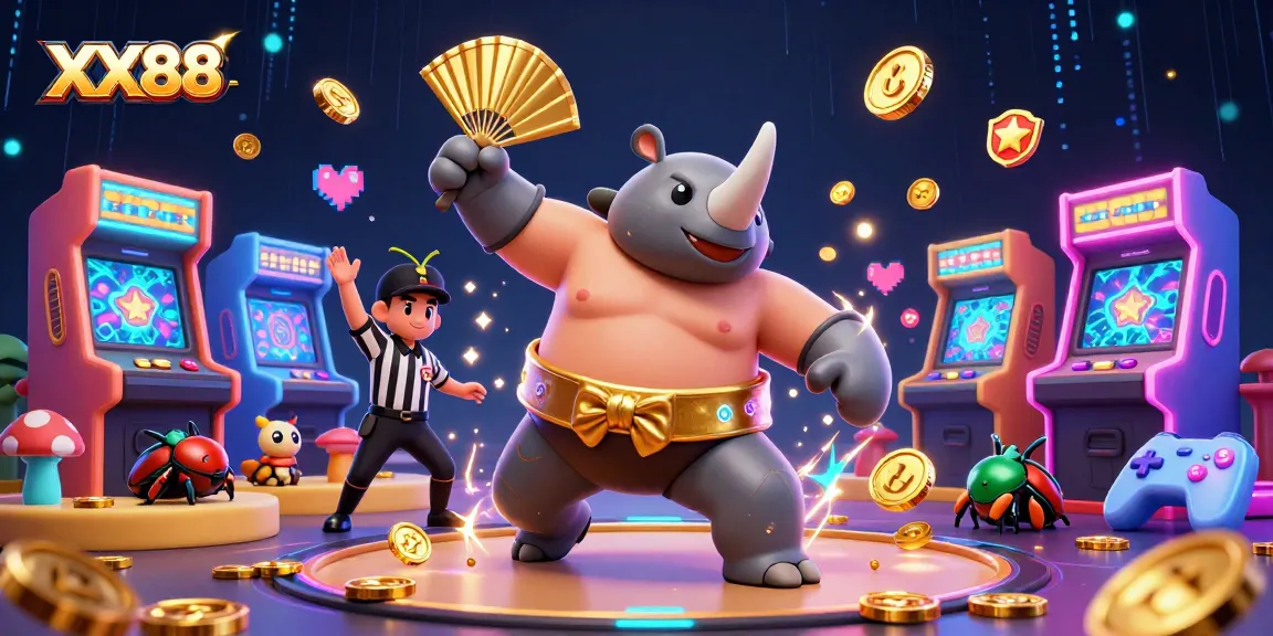 Experience the thrill of XX88 as a rhinoceros beetle sumo champion stomps gold coins in a vibrant casino scene.
