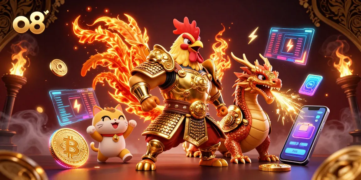 Engage with thrilling bets on o8 as a rooster warrior and dragon hatchling celebrate winnings amidst crypto coins.