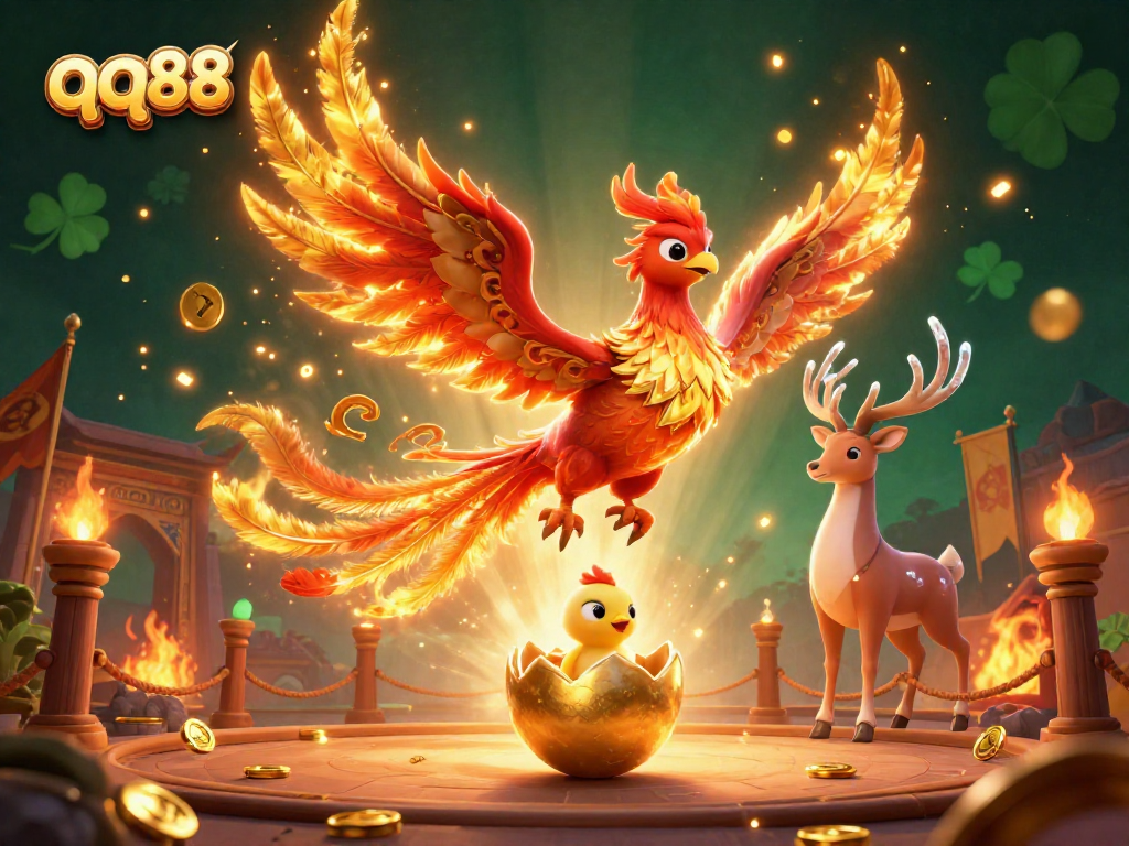 Engage with qq88's dynamic gaming scene featuring a vibrant phoenix and exciting elements.