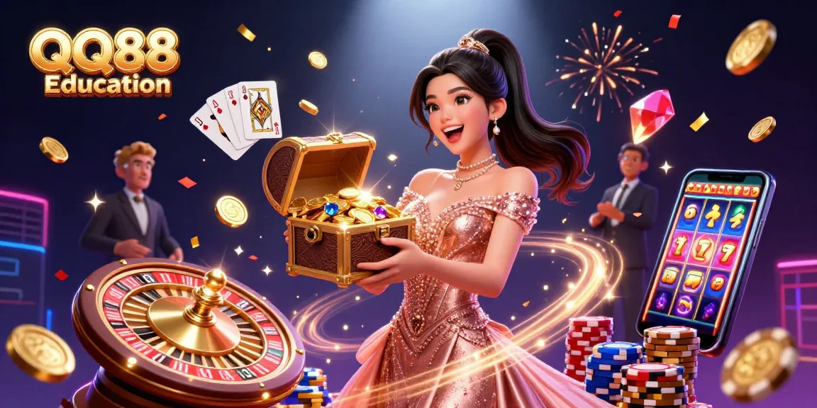 Experience thrilling gameplay at QQ88 Education with a joyful Asian woman presenting treasures from a chest.