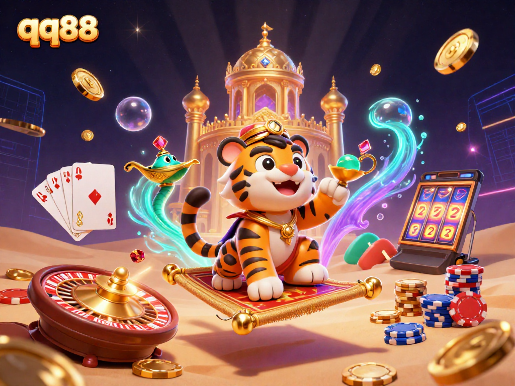 Spin to win with qq88 in a vibrant casino illustration featuring a tiger sultan and magic elements.