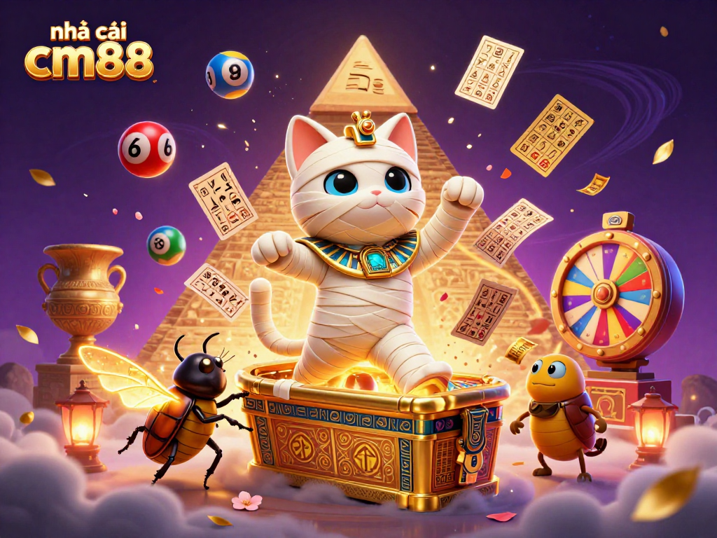 Join the action at nhà cái cm88 with a vibrant casino scene featuring a mummy cat and glowing elements.