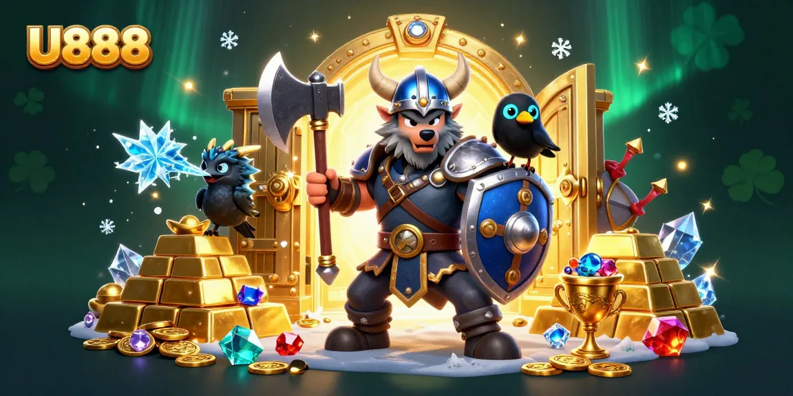 Experience thrilling adventures with U888 as a Viking warrior battles treasure in this casino scene.