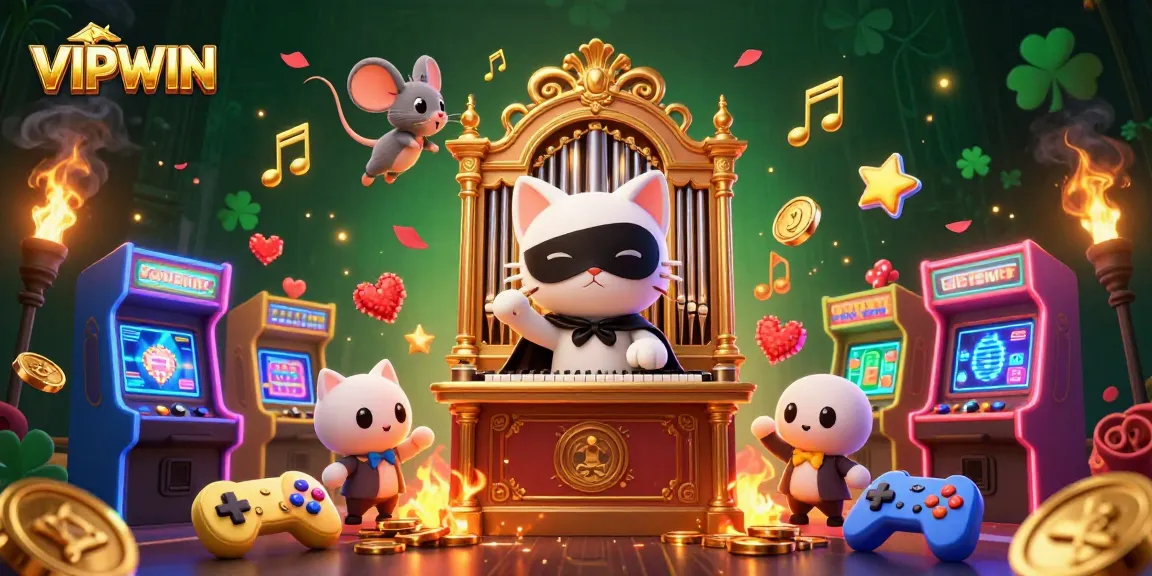 Engage in casino gaming excitement with the whimsical VIPWIN phantom cat and vibrant arcade elements.