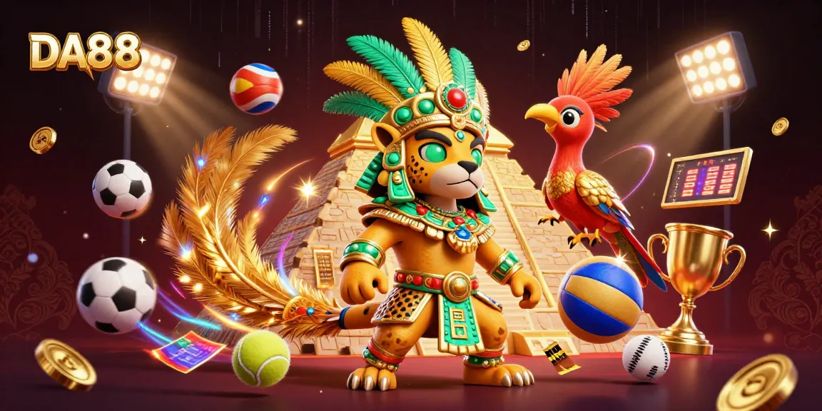 Bet on DA88's thrilling sports action with a dynamic Mayan priest and gold elements.