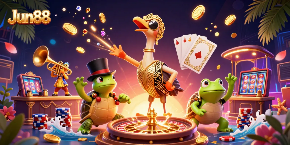 Experience thrilling gaming action at Jun88 with vibrant characters and casino elements in a lively scene.