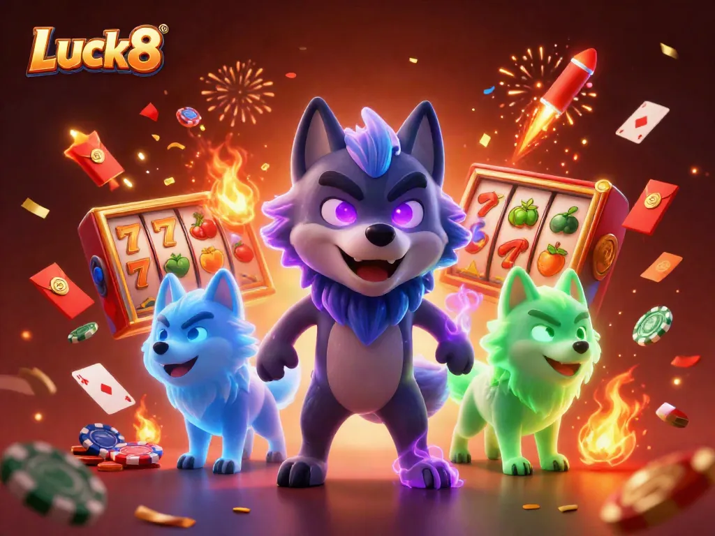 Luck8 engages players instantly with 3D illustration featuring a shadow wolf pack leader and dynamic casino elements.