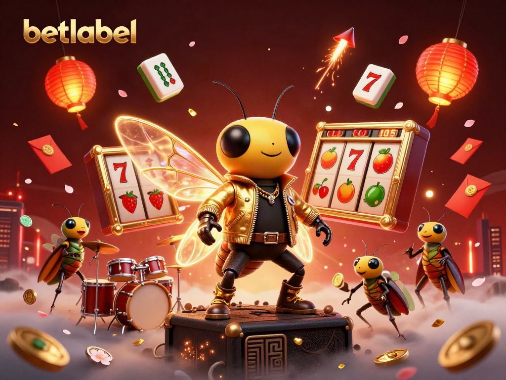 Betlabel features a vibrant casino scene with a buzzing cicada rock star and dynamic elements.