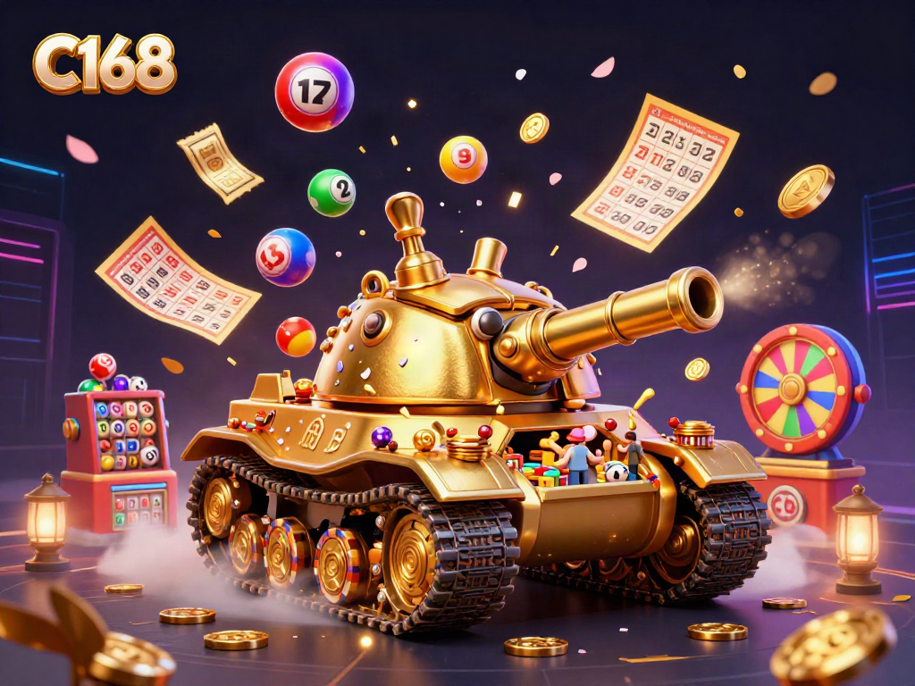 C168 showcases a vibrant casino scene with a golden beetle tank, colorful lottery balls, and dynamic game elements.