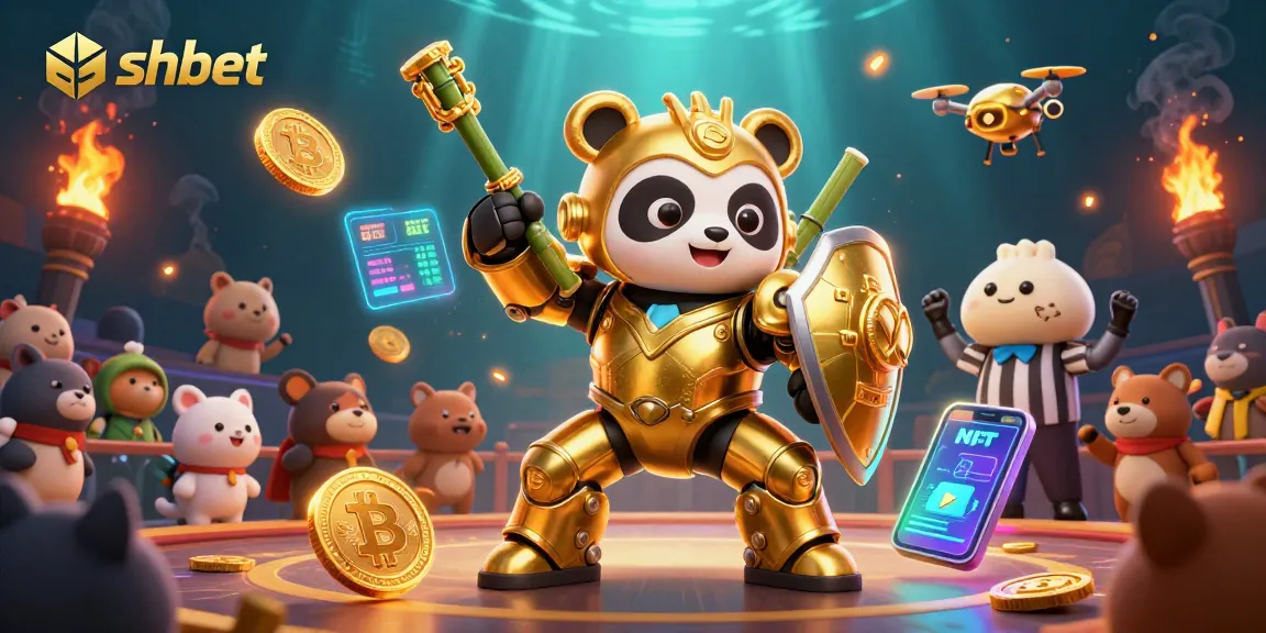 Engage in thrilling shbet action with a dazzling casino-inspired 3D illustration featuring a mech-suit panda.