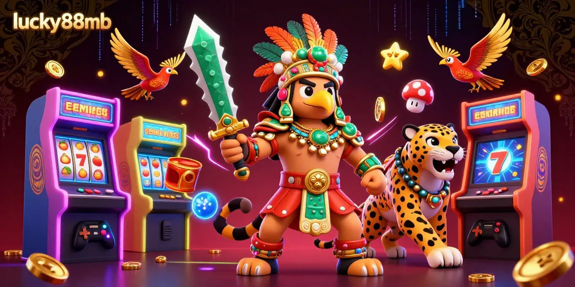 Engage with lucky88mb through an exciting 3D illustration of an Aztec warrior and casino games.