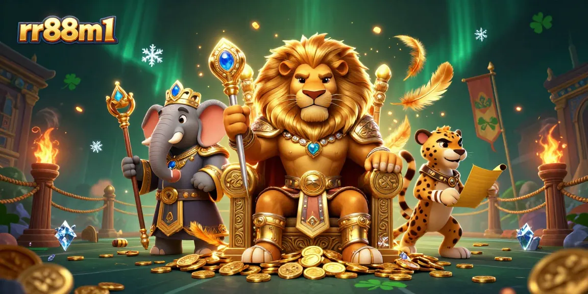 A fierce lion king on a gold coin throne in rr88m1 casino, surrounded by dynamic game elements and vibrant colors.